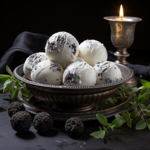 Smooth stevia ice cream balls, no melting, dark food photograph, realistic --v 5...