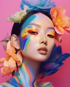 the image of a woman with colorful makeup and flower painted face, in the style ...