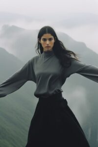 candid photo of a smiling dark haired woman doing tai chi:: standing on top of a...
