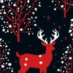 rudolph the red nosed reindeer pattern on a red background, in the style of dark...