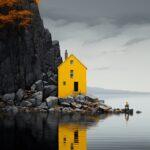A yellow house at the edge of the danish fjord, in the style of eiko ojala, ingr...