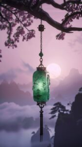 A jade pendant hanging, flashing night drops, transparent, dreamy, Chinese style...