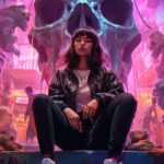 A small woman sits on top of a giant skull  with neon lights behind her, in the ...