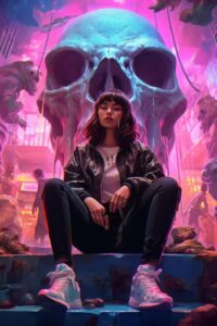 A small woman sits on top of a giant skull  with neon lights behind her, in the ...