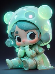 Full body, super cute girl, fluorescent translucent holographic pajamas, blind b...