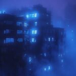 lonely building with a lot of dark windows getting lost in thick blue-ish fog an...