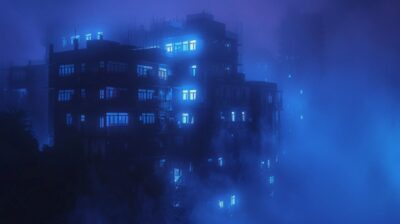 lonely building with a lot of dark windows getting lost in thick blue-ish fog an...