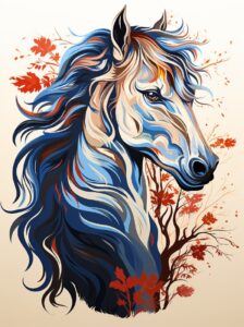 the head of a horse is stylized with a tattoo design, in the style of ferrania p...
