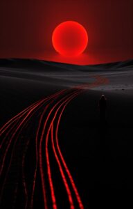 all black tonal illustration with only one bright red dot object highlighted,red...