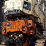A mining truck katsuhiro otomo with many eyes on an industrial structure, in the...