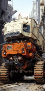 A mining truck katsuhiro otomo with many eyes on an industrial structure, in the...