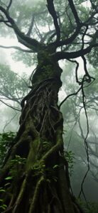 Worm's - eye view photo of a giant vine - covered tree, upshot, looking up, upwa...