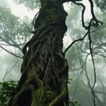 Worm's - eye view photo of a giant vine - covered tree, upshot, looking up, upwa...