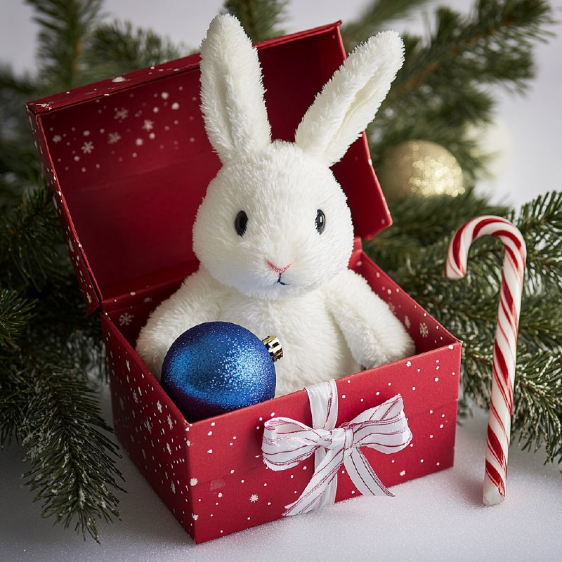 szYDmFzZCBad-bForSUHBGoIXEd0MAiA7WIJcNI4kgTkk-6zfDUqrj8acJ5Wm-aW-MnZk7c6aqVTUQpKd0PkGP19bo219Jg-OEPO.jpeg Stuffed toy white rabbit inside a red gift box with a bow, a blue Christmas orna...