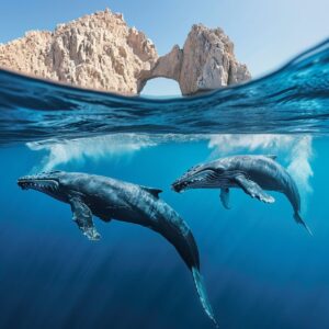 two whales playing underwater frienly with the background of the arch of Los Cab...