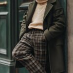 fashion photography, retro fashion, an anthropomorphic cat wearing olive overcoa...