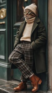 fashion photography, retro fashion, an anthropomorphic cat wearing olive overcoa...