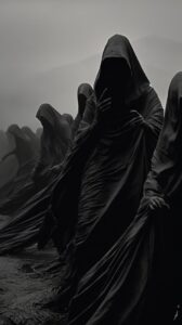 Hooded figures, photography by Sebastião Ribeiro Salgado --ar 9:16 --s 125 --c 2...