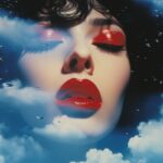 Cloud in blue sky, a red lip, collage art, shuji terayama, dreamy objects, surre...