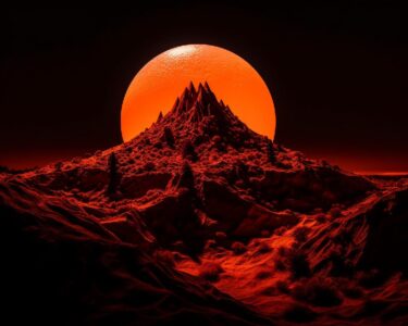 Photo of a fluorescent orange plastic moon over a blacklight lighting landscape,...