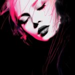 Close up of a gorgeous gal with one line, white ink, vibrant pink ink smudge, li...