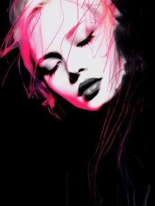 Close up of a gorgeous gal with one line, white ink, vibrant pink ink smudge, li...