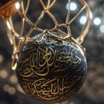 black basketball ball with shiny gloss gold arabic calligraphy patterns, glossy,...