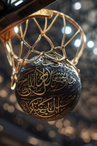 black basketball ball with shiny gloss gold arabic calligraphy patterns, glossy,...