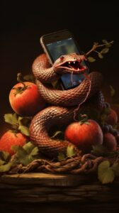 A serpent slithering around an iPhone, alluding to the temptation of the forbidd...