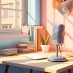 A well organized study table near a window. A microphone placed on the table. St...