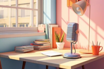 A well organized study table near a window. A microphone placed on the table. St...