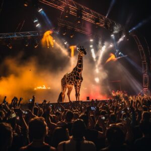 A dj giraffe playing on pioneers in front of thousands of people out doors on a ...