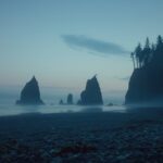 Seastacks rise from misty waters at twilight, casting shadows on a pebbled shore...