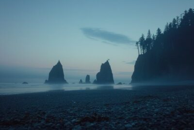 Seastacks rise from misty waters at twilight, casting shadows on a pebbled shore...