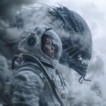 a image a astronaut near smoke with a very much slimy Xenomorph XX121 behind her...