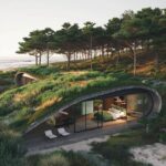 a shell shaped biophilic cabin with camouflaged roof, built seamlessly into the ...