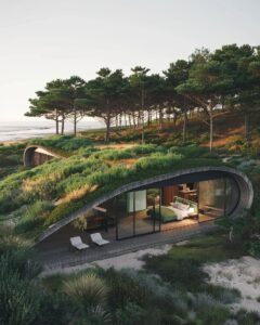 a shell shaped biophilic cabin with camouflaged roof, built seamlessly into the ...