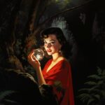 a lady holding a crystalfloeer in her hand, in the style of adventure pulp, ench...