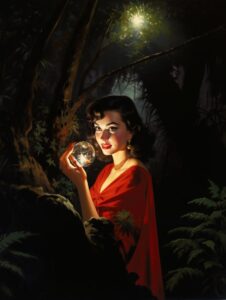 a lady holding a crystalfloeer in her hand, in the style of adventure pulp, ench...