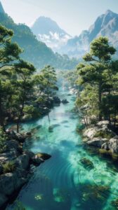 A cinematic photo of a crystal-clear stream winding through the mountains, with ...