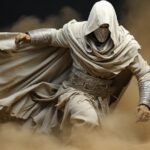 The Moon Knight dissolving into swirling sand, volumetric dust, cinematic lighti...