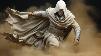 The Moon Knight dissolving into swirling sand, volumetric dust, cinematic lighti...