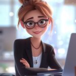 disney style, 3d cartoon pixar, light-smiling IT-specialist - a pretty woman sit...