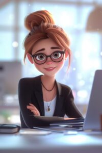 disney style, 3d cartoon pixar, light-smiling IT-specialist - a pretty woman sit...