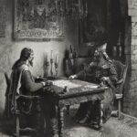 A full-figure picture, black and white palette of colors, engraving. Two medieva...