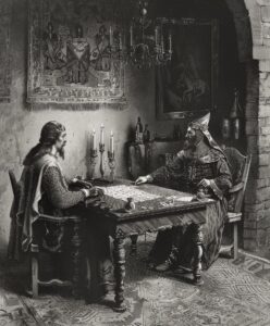 A full-figure picture, black and white palette of colors, engraving. Two medieva...