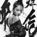 A Chinese girl portrait where she stands in an elegant pose doing ballet. Her ha...