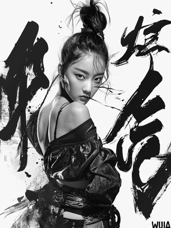 A Chinese girl portrait where she stands in an elegant pose doing ballet. Her ha...