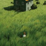 Illustration of a boy in the grass on a house with a window， in tall green grass...