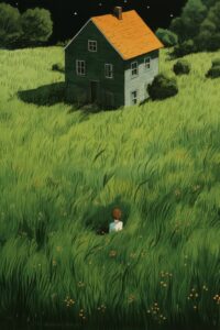 Illustration of a boy in the grass on a house with a window， in tall green grass...